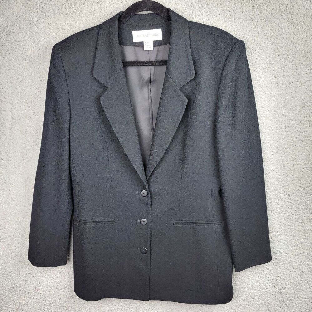 Jones New York Womens Blazer 10 Black Worsted Wool Made In USA Classic Longline